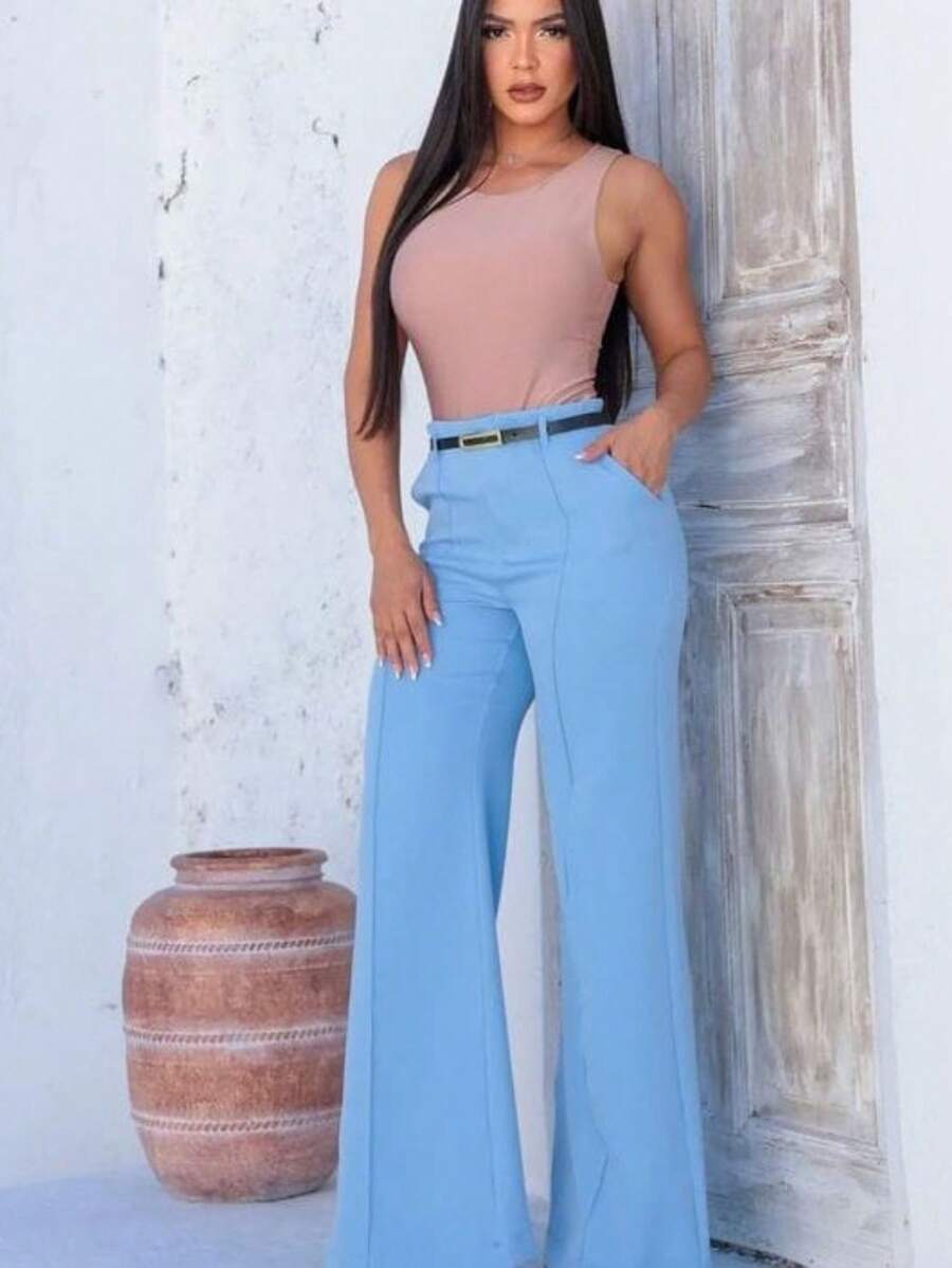Women's Tailored Pantaloons With Belt - Baby Blue - View 1