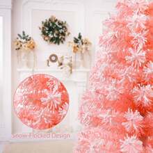 Meching 2Ft Artificial Christmas Tree Pink Tabletop Christmas Tree With Snow Flocked Mini Xmas Pine Tree With Wooden Stand For Indoor Outdoor Holiday Home Decoration Christmas Decorations Room Decor - Pink - View 4