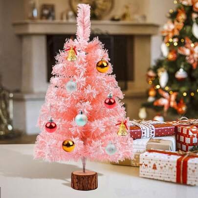 Meching Árbol de Navidad artificial de 2 pies de altura, árbol de Navidad rosa de sobremesa con nieve, mini árbol de pino navideño con base de madera para decoración navideña de interiores y exteriores