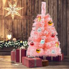 Meching 2Ft Artificial Christmas Tree Pink Tabletop Christmas Tree With Snow Flocked Mini Xmas Pine Tree With Wooden Stand For Indoor Outdoor Holiday Home Decoration Christmas Decorations Room Decor - Pink - View 6