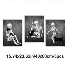 3 套骷髅和猫壁画印刷品 - 有趣的骷髅帆布海报、恐怖万圣节装饰、巫术美学骷髅和动物画作，适用于家居装饰，无框 - 黑色 - 查看 11