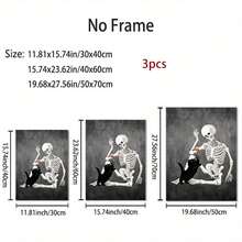 3 套骷髅和猫壁画印刷品 - 有趣的骷髅帆布海报、恐怖万圣节装饰、巫术美学骷髅和动物画作，适用于家居装饰，无框 - 黑色 - 查看 3