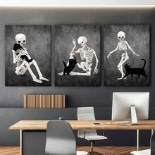 3 套骷髅和猫壁画印刷品 - 有趣的骷髅帆布海报、恐怖万圣节装饰、巫术美学骷髅和动物画作，适用于家居装饰，无框 - 黑色 - 查看 4