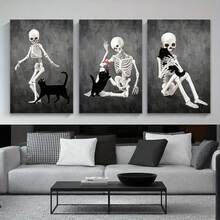 3 套骷髅和猫壁画印刷品 - 有趣的骷髅帆布海报、恐怖万圣节装饰、巫术美学骷髅和动物画作，适用于家居装饰，无框 - 黑色 - 查看 5
