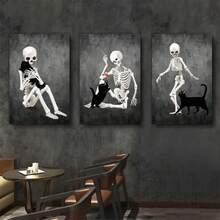 3 套骷髅和猫壁画印刷品 - 有趣的骷髅帆布海报、恐怖万圣节装饰、巫术美学骷髅和动物画作，适用于家居装饰，无框 - 黑色 - 查看 2