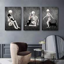 3 套骷髅和猫壁画印刷品 - 有趣的骷髅帆布海报、恐怖万圣节装饰、巫术美学骷髅和动物画作，适用于家居装饰，无框 - 黑色 - 查看 6