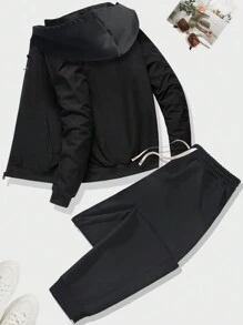 2 件男士纯色休闲运动套装，包含松紧腰抽绳裤和夹克，适合旅行、休闲、户外露营、秋季服装