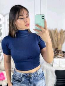 Cropped Casual Ribbed Summer Fashion Short Sleeve High Neck - 藏蓝色 - 查看 1