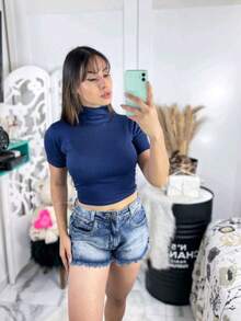 Cropped Casual Ribbed Summer Fashion Short Sleeve High Neck - 藏蓝色 - 查看 2