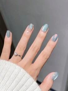 10Pcs Mermaid Texture Glass Bead Cat Eye Short Nail Art Decor Press On Nails Nail Supplies Nails - Mint Green - View 11