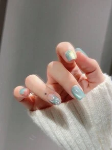 10Pcs Mermaid Texture Glass Bead Cat Eye Short Nail Art Decor Press On Nails Nail Supplies Nails - Mint Green - View 5