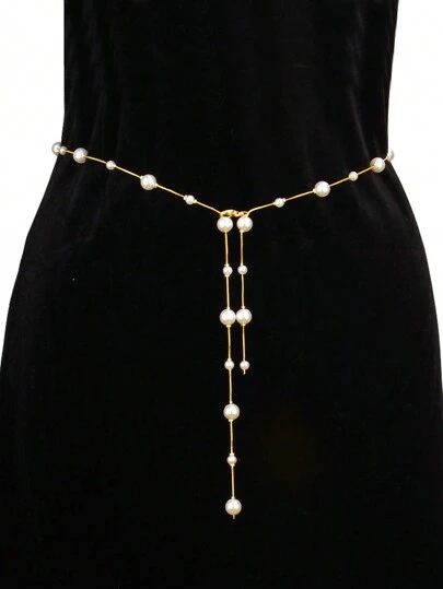 1 Pc Faux Pearl Asymmetric Bead Tassel Waist Chain, Alloy Faux Pearl Beaded Tassel Decorative Belt, Asymmetrical Waist Chain, Retro Versatile Body Chain, Suitable For Dress Decoration And Jeans, Women's Waist Accessories Halloween