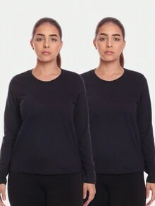 Kit 2 Women's Long Sleeve T-Shirts, Second Skin, 100% Premium Cotton, Plain, Black - 黑色 - 查看 1