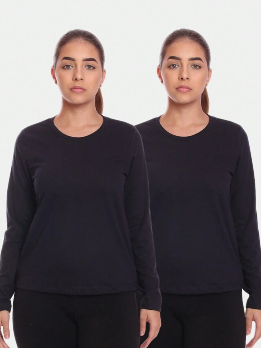 Kit 2 Women's Long Sleeve T-Shirts, Second Skin, 100% Premium Cotton, Plain, Black - 黑色 - 查看 1