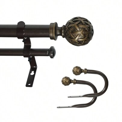 ETeckram 1" Double Curtain Rod With Geo Ball Finials And Holdbacks --28''- 48'', 48"-84", 84"-120" (Pompeii Bronze, Black Gold, Weathered White)