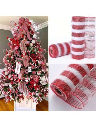 1roll Red And White Stripe Metallic Mesh Ribbon 10 Inch X 10Yard Iridescent Silver Foil, Christmas Ribbon For Wreath Swags And Christmas Tree Decoration,Christmas