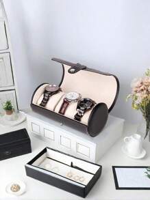 全新手工奢华 PU 皮革圆形旅行手表盒，防尘手表收纳展示礼品盒，PU 皮革首饰盒返校，便携式紧凑型圆形旅行盒，带天鹅绒衬里可拆卸垫子和软垫盖，拉链可锁设计，男女通用，多槽收纳盒，用于手表、手链、戒指和小配件，优雅的礼品包装，非常适合节日礼物圣诞节、万圣节、感恩节、网络星期一、圣诞袜、生日、周年纪念日和返校必备品，轻巧耐用的防刮旅行收纳盒，适合家庭展示和随身携带