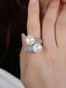 1pc Copper Material Faux Pearl Inlaid Zirconia Open Ring, Adjustable Size, Fashionable And Elegant, Suitable For Gifts And Daily/Holiday Wear For Women - 002667 - View 3