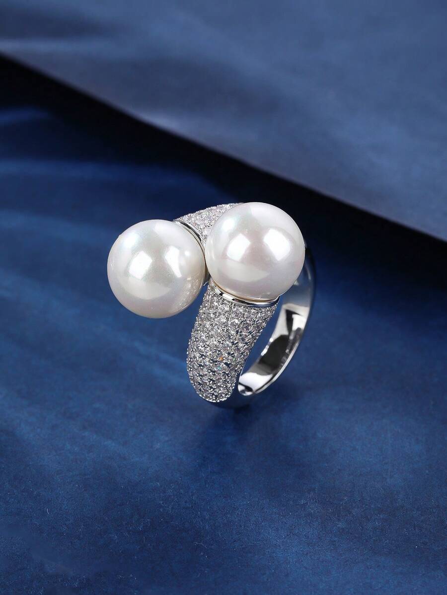 1pc Copper Material Faux Pearl Inlaid Zirconia Open Ring, Adjustable Size, Fashionable And Elegant, Suitable For Gifts And Daily/Holiday Wear For Women - 002667 - View 1