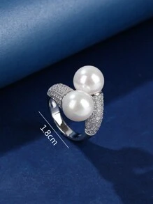 1pc Copper Material Faux Pearl Inlaid Zirconia Open Ring, Adjustable Size, Fashionable And Elegant, Suitable For Gifts And Daily/Holiday Wear For Women - 002667 - View 4