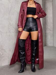 TSUTAYA 纯色翻领系带前开长款 PU 皮革风衣