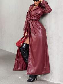 TSUTAYA 纯色翻领系带前开长款 PU 皮革风衣