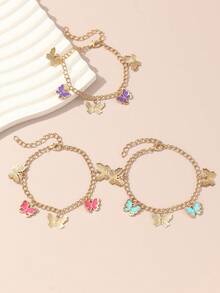 3 Peças/Conjunto Pulseira Borboleta com Gota de Óleo para Crianças & Adolescentes, Combinação Adequada para Decoração Diária de Crianças - Multicolorido - Visão 1