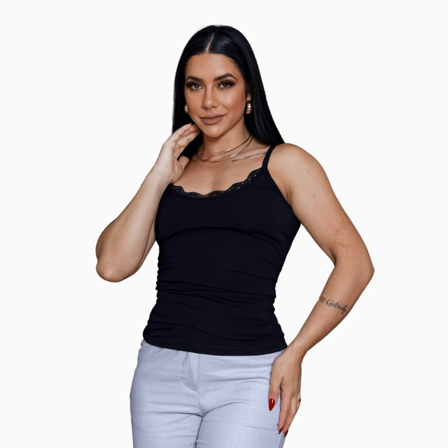 Women's Tank Top With Lace Straps - 黑色 - 查看 1