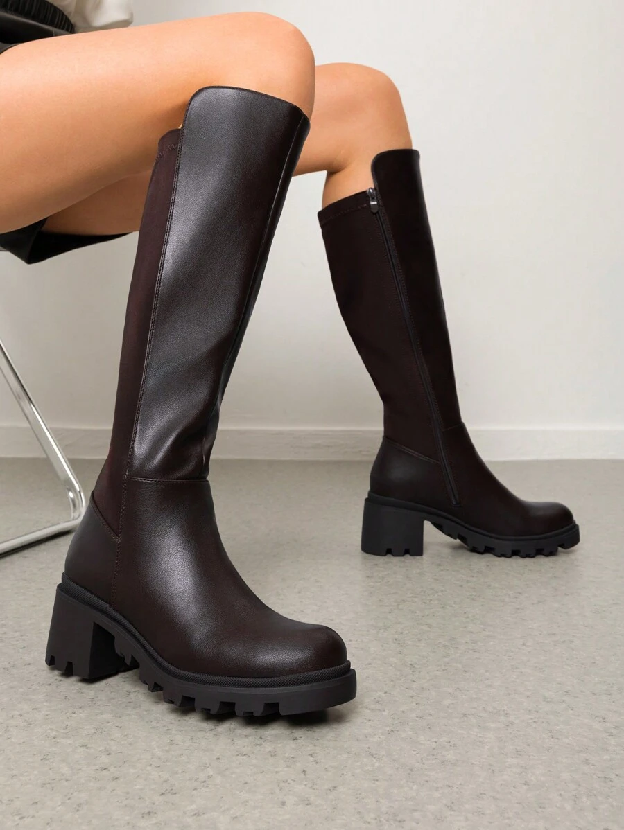 Women's Knee High Boots, Comfortable Platform Round Toe Stretch Boots For Women - màu nâu - Xem 1