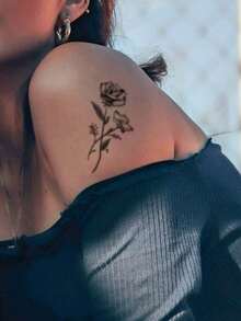 1 件可水洗临时玫瑰花纹身贴纸，防水防汗，适合时尚人士日常使用 - 黑色 - 查看 3