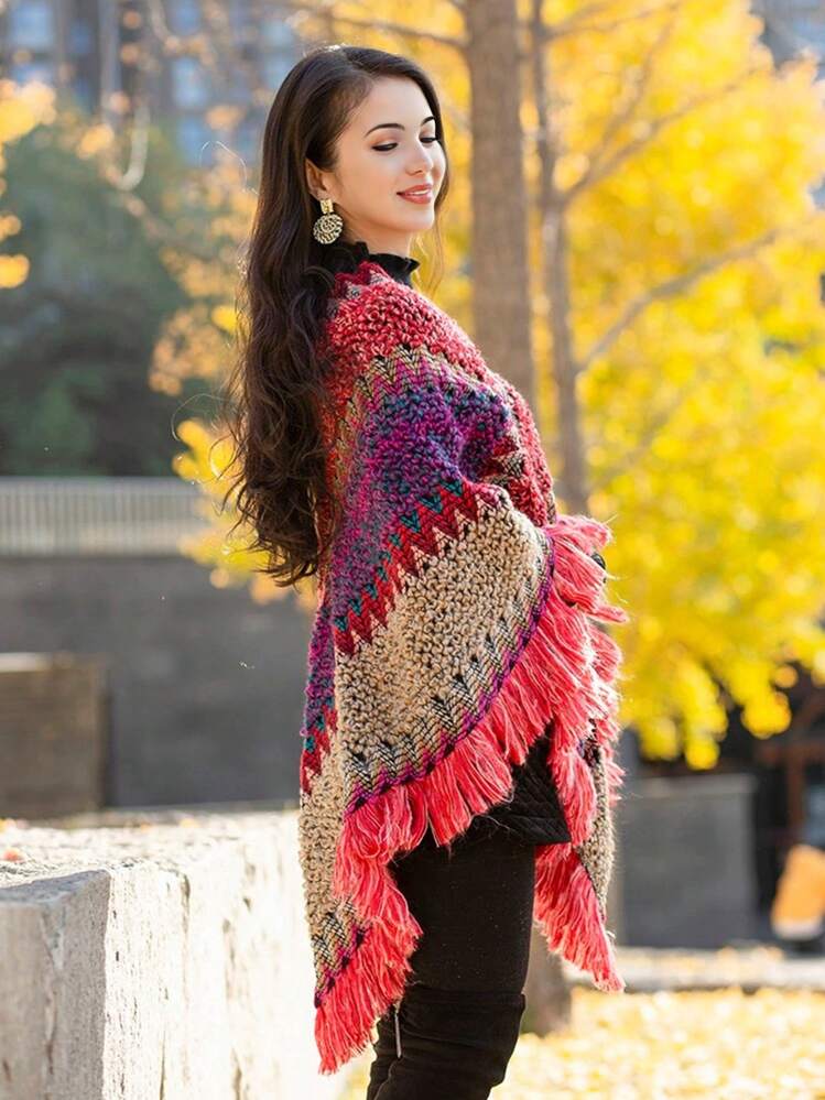1 Peça Novo Poncho Feminino Listrado, Xale, Capa, Morcego, Assimétrico, Puxar, Suéter Com Franjas de Tricô, Cardigan Envoltório Versátil para Ar-Condicionado na Primavera e Verão, Acessório Combinável Diário para Mulheres - Multicolorido - Visão 12