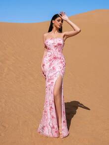 Faeriesty Đầm dạ hội dáng đuôi cá trễ vai thanh lịch, chi tiết dây buộc phía sau, ôm sát cơ thể, đính sequin lấp lánh, thích hợp cho các buổi dạ tiệc sang trọng, tiệc cưới, tiệc tối trang trọng, sự kiện thảm đỏ và tiệc kỷ niệm. - Hồng - Xem 5