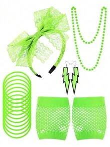 Forever & Moment 3/5/12 件女士 1980 年代霓虹服装配饰套装蝴蝶结头带闪电吊坠耳环串珠项链无指渔网手套手链万圣节装饰礼物万圣节派对礼物 - 多色 - 查看 16