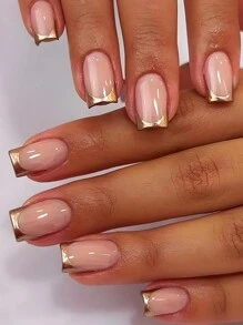 ARTAUG 24 件装短方形金色法式边缘假指甲升级您的外观，1 件指甲锉和 1 件指甲胶贴纸套装指甲，适合女孩母亲女士礼物，美白指甲套装带可拆卸假指甲，适合节日、派对、约会和日常佩戴 - 金色 - 查看 1