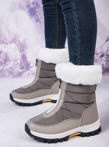 New Plus Size High-Top Anti-Slip Tall Snow Boots Women, Thermal Lined Warm Winter Outdoor Hiking Boots With Front Zipper, Gray Mid-Calf Boots For Winter Traveling (Winter Boots, Snow Boots) - Grey - View 4