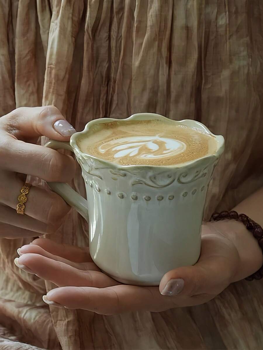 1pc Embossed Floral Rim Ceramic Mug, French Vintage Style Embossed Floral Rim Coffee Latte Cup, Suitable For Restaurant, Living Room, Coffee Shop, Gathering - Embossed Lace Mug - View 1