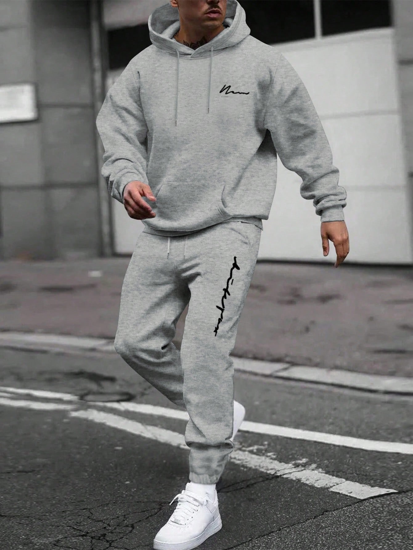 Men's Casual Slogan Print Drawstring Hoodie And Sweatpants Set For Winter