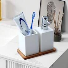 Dispensador de jabón de mano de cerámica con bandeja de jabón de bambú, juego de 3 piezas para el baño, decoración del hogar, decoración de otoño, de vuelta a la escuela