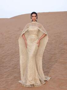 Faeriesty SHEIN X Hannahelzahed 华丽闪耀的珠饰亮片长裙，配披肩和鱼尾裙摆——高端定制，美人鱼礼服，明星同款红毯礼服，适合婚礼、盛大晚宴和名人派对。 - 香檳色 - 查看 8