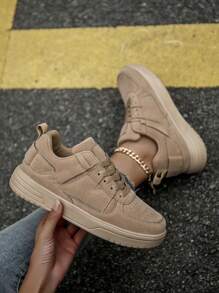 (Runs Small) Women's Casual Patchwork Comfortable Khaki Flat Sneakers, Stylish Business Front Lace-Up Couple Skateboard Shoes