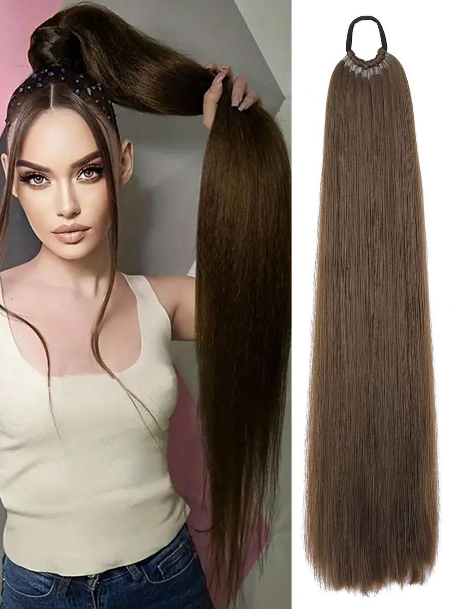 Tóc giả đuôi ngựa 26"/34", Tóc giả đuôi ngựa đa chức năng màu đen & nâu với dây chun co giãn, Chịu nhiệt, Tóc giả đuôi ngựa dài thẳng tự buộc cho nữ, Tóc giả đuôi ngựa tổng hợp mềm mại & tự nhiên, Thích hợp cho Giáng sinh, Năm mới, Lễ hội hóa trang, Lễ hội âm nhạc và các dịp khác.