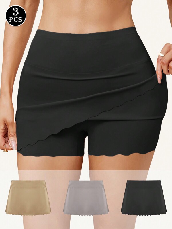 3pcs Women Anti-Chafing Shorts, Seamless Boyleg Briefs With Wave Pattern
