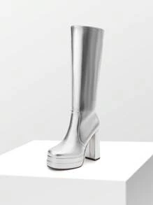 Women's Platform Heeled Knee High Boots, Long Chunky Tall Gogo Boots For Fall - 銀色 - 查看 5