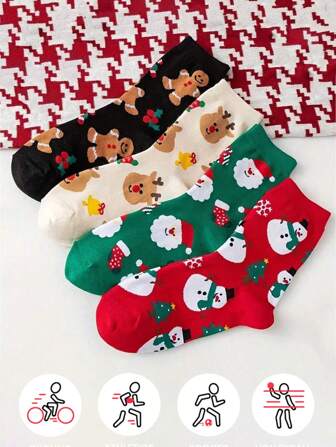 4 pares de calcetines estampados con dibujos animados, calcetines navideños cómodos y lindos, medias y calcetines para mujer