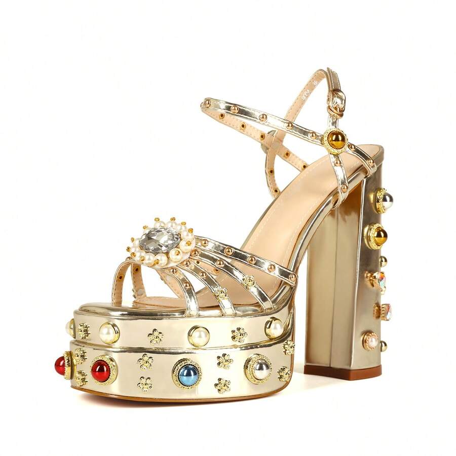 Waterproof Platform Pearl Decorated Chunky Heel Sandals
