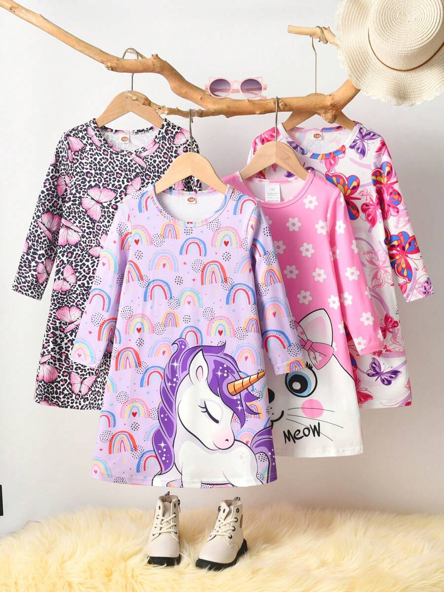 4pcs/Set Young Girl Cartoon Unicorn, Cat, Leopard Print And Bow Decor Long Sleeve Nightgown Sleepwear Set - Multicolor - View 1