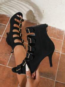 Giày bốt cao gót mũi nhọn màu đen thời trang thu/đông cho nữ, dây kéo sau lưng đa năng, dép xăng đan cao gót mũi tròn, bốt ngắn hở mũi thoáng khí thoải mái khi đi ngoài trời cỡ lớn, dép xăng đan La Mã cao gót, bốt gót mèo - màu đen - Xem 3