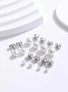 5 Pairs Cute Stainless Steel Hypoallergenic Faux Pearl Stud Earrings Set For Women, Silver Girls Dainty Faux Pearl Cartilage Earrings Gift Jewelr