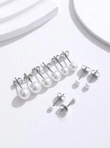 5 Pairs Cute Stainless Steel Hypoallergenic Faux Pearl Stud Earrings Set For Women, Silver Girls Dainty Faux Pearl Cartilage Earrings Gift Jewelr