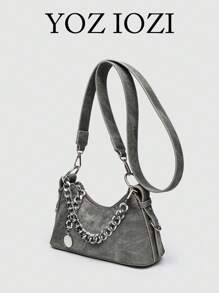 1pc Gray PU Shoulder Bag With Chain, Fashionable, Versatile, Niche Design, Casual, Lightweight, Personalized Relaxed Style Shoulder Bag For Women - smoke gray - View 3